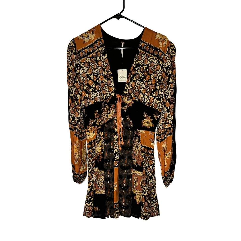 New Free People Floral Boho Dress Long Sleeve Size S Black Orange - Picture 1 of 5